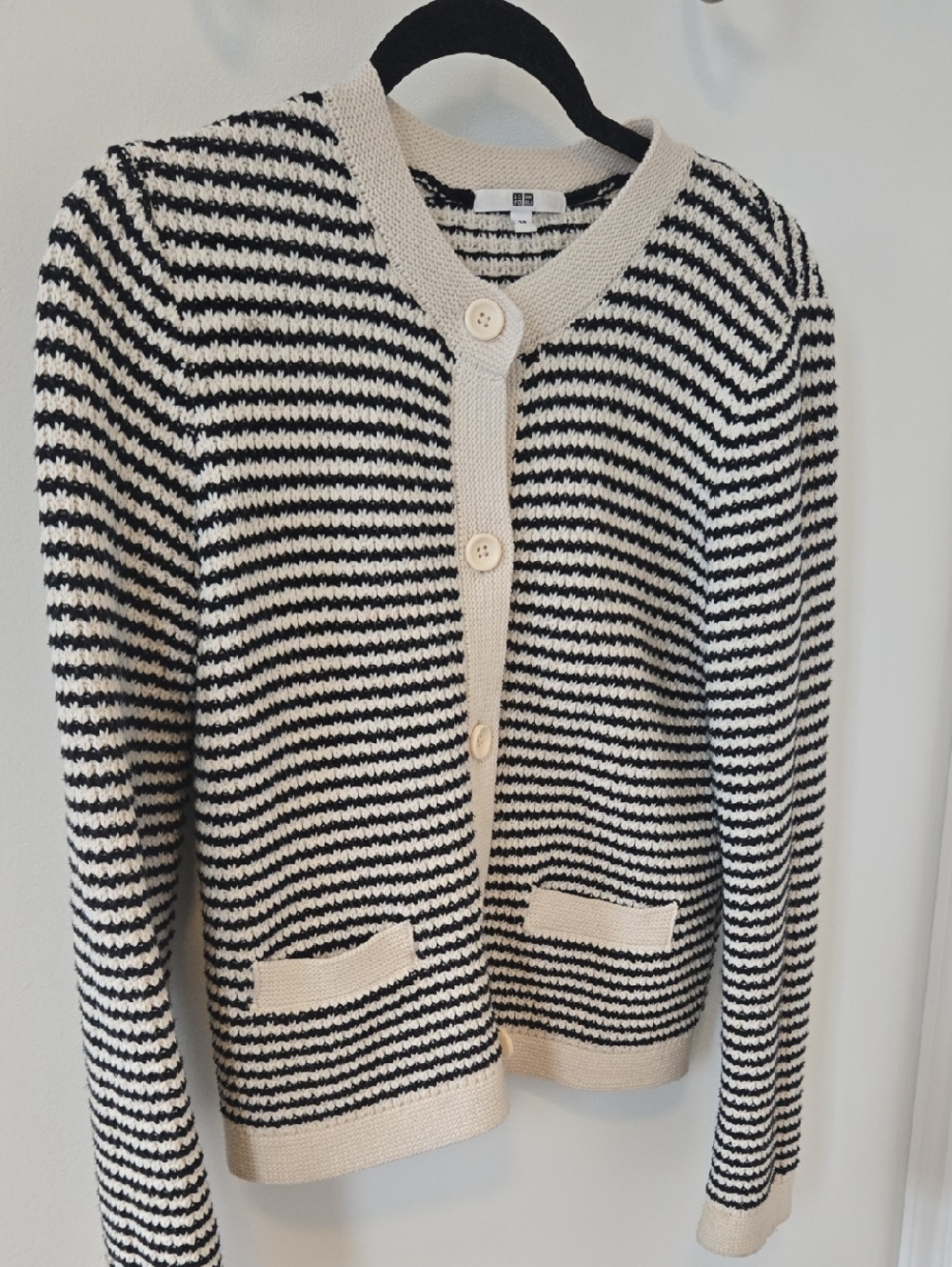 Uniqlo Striped Black and Cream Button-Up Women's Sweater Cardigan